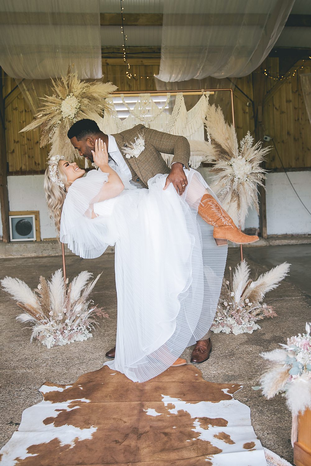 Boho Western Wedding Ideas Red Peacock Photography Ceremony Backdrop Macrame Pampas Grass