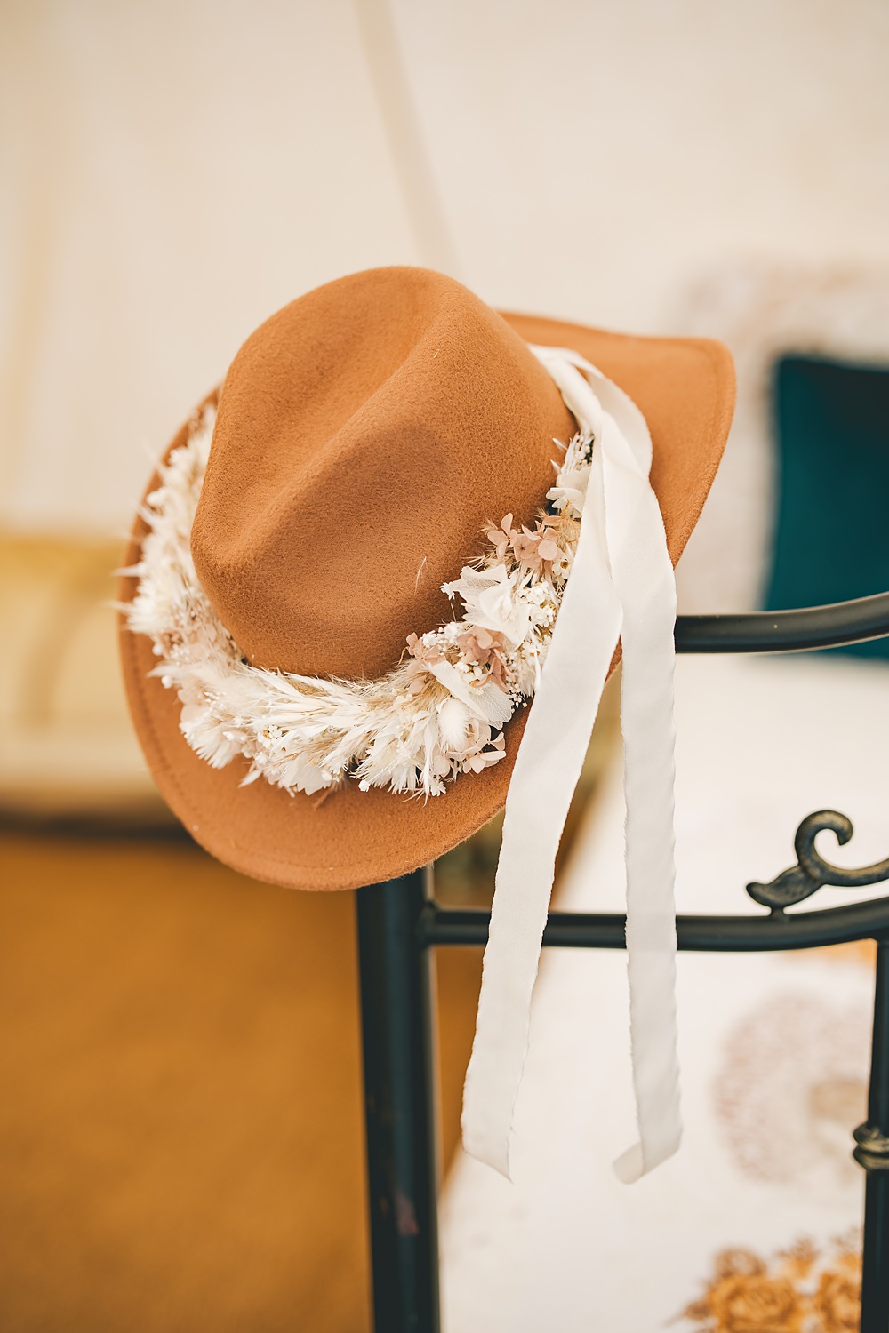 Boho Western Wedding Ideas Red Peacock Photography Bride Hat Flowers Ribbon