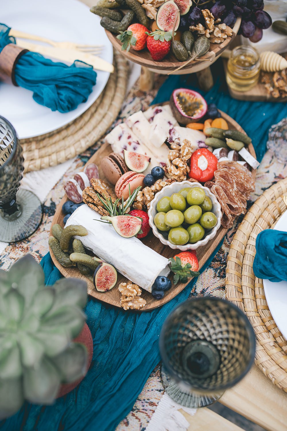 Boho Western Wedding Ideas Red Peacock Photography Grazing Table Centrepiece Food Pampas Grass Blue Runner