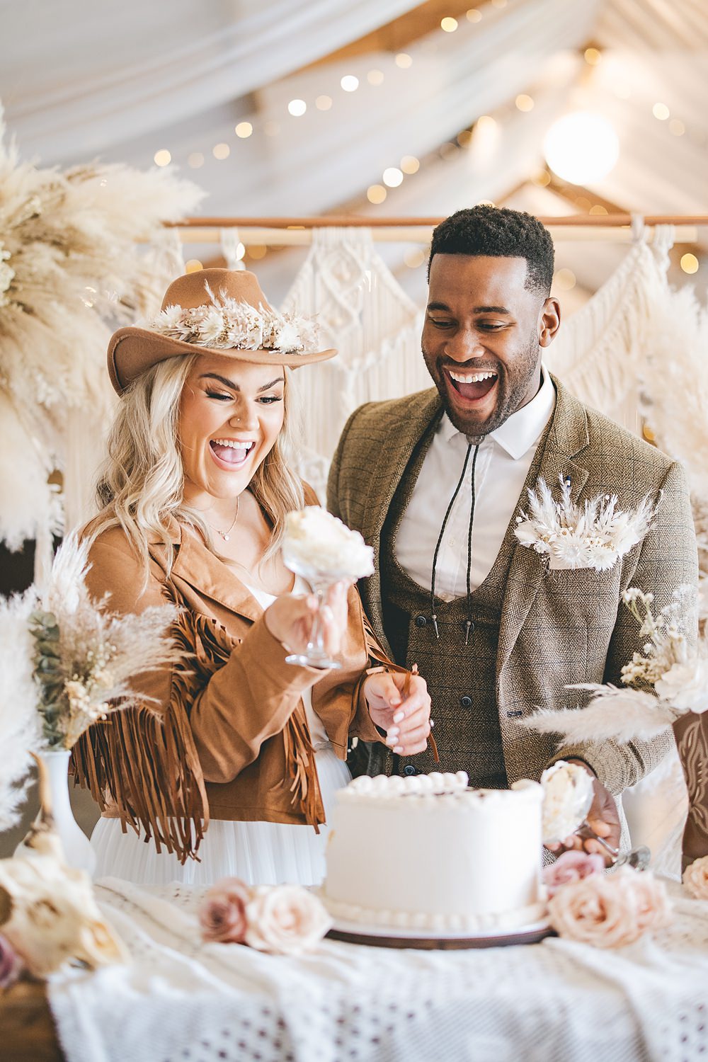 Boho Western Wedding Ideas Red Peacock Photography Cup Cake Cutting