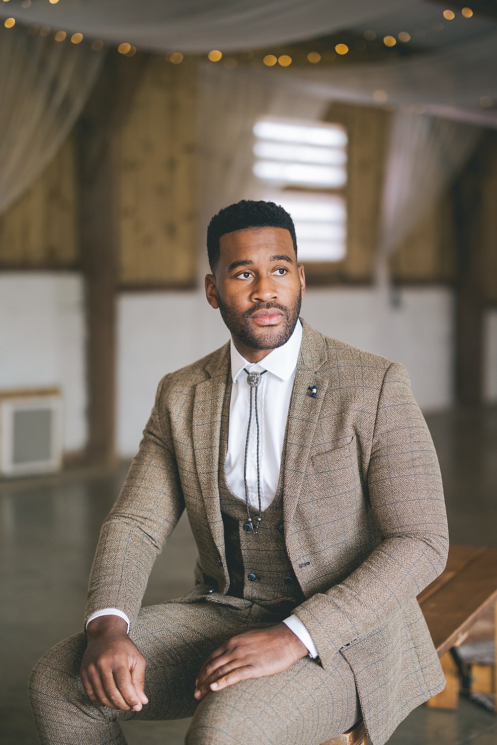 Boho Western Wedding Ideas Red Peacock Photography Groom Brown Suit Waistcoat