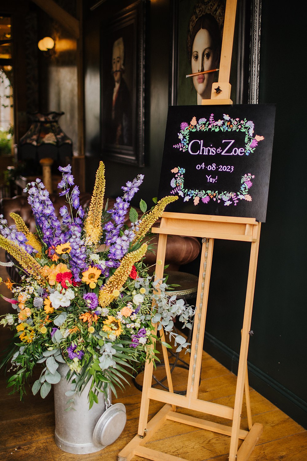 Colourful Hertfordshire Barn Wedding Binky Nixon Photography Colourful Summer Flowers Sunflower Welcome Sign