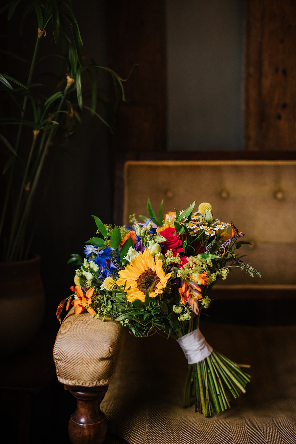 Colourful Hertfordshire Barn Wedding Binky Nixon Photography Colourful Summer Flowers Sunflower Bridal Bouquet