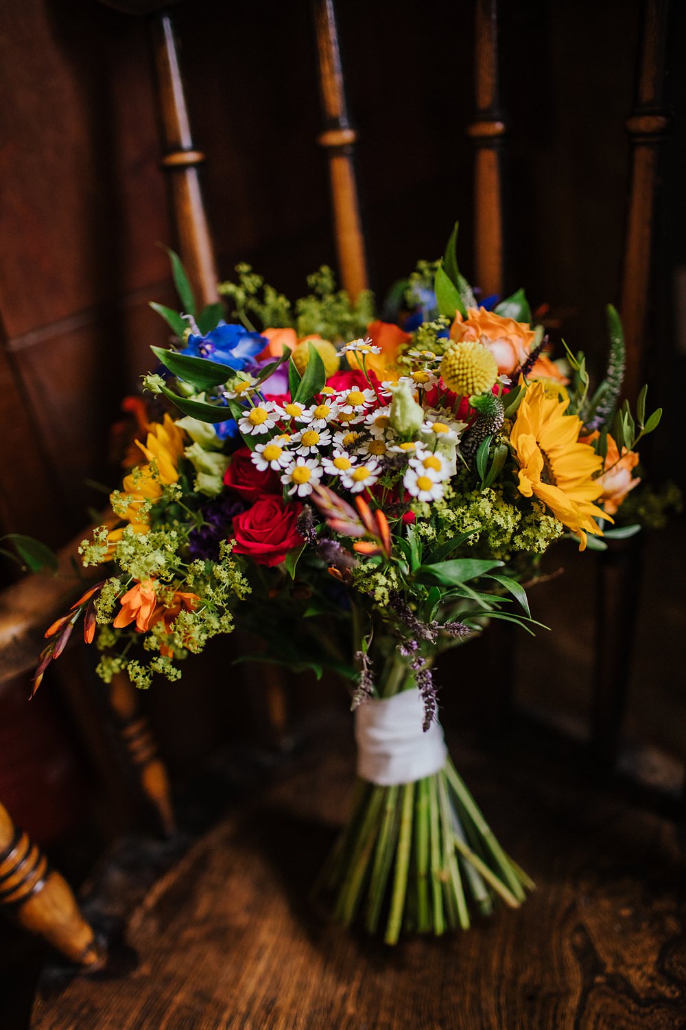 Colourful Hertfordshire Barn Wedding Binky Nixon Photography Colourful Summer Flowers Sunflower Bridal Bouquet