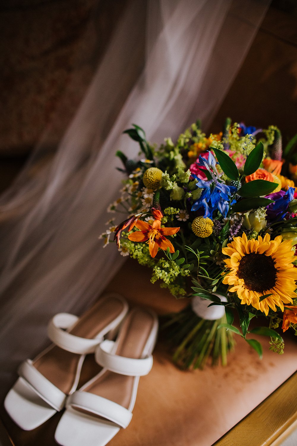 Colourful Hertfordshire Barn Wedding Binky Nixon Photography Colourful Summer Flowers Sunflower Bridal Bouquet