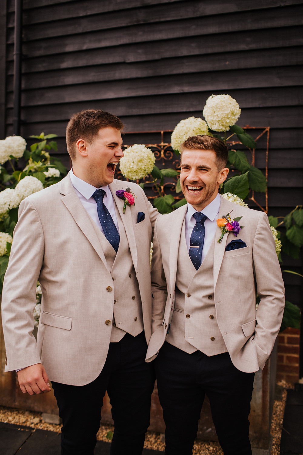 Colourful Hertfordshire Barn Wedding Binky Nixon Photography Groom Groomsmen Cream Suit Navy Tie