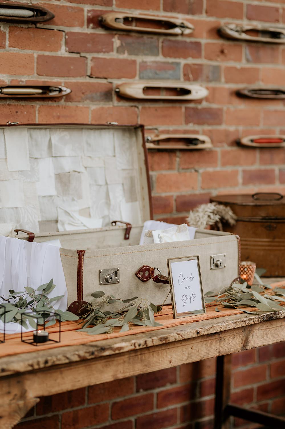 Cosy Romantic Wedding Hannah Shearman Photography Vintage Suitcase Card Post Box