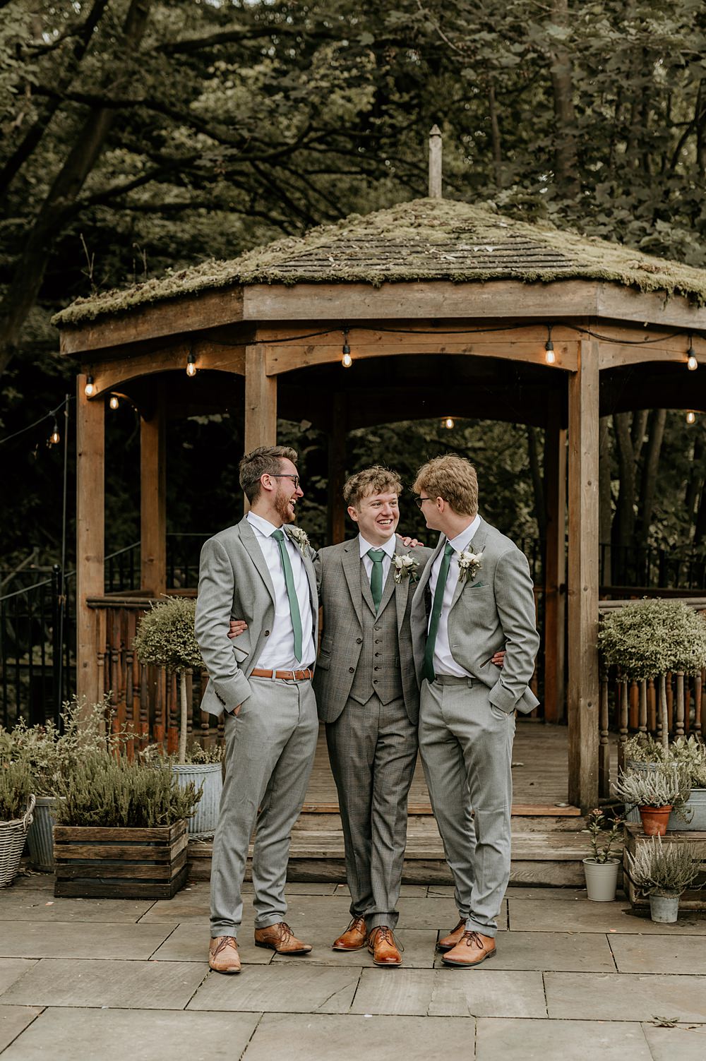 Cosy Romantic Wedding Hannah Shearman Photography Groom Groomsmen Check Suit Green Tie