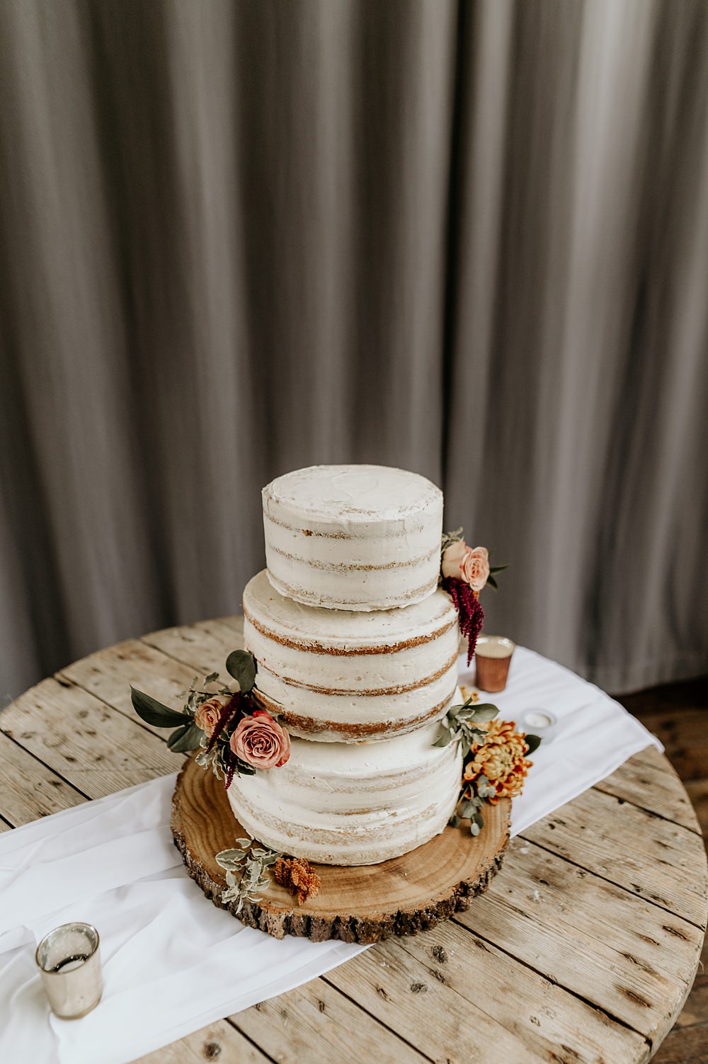 Cosy Romantic Wedding Hannah Shearman Photography Semi Naked Cake Log Slice Orange Flowers