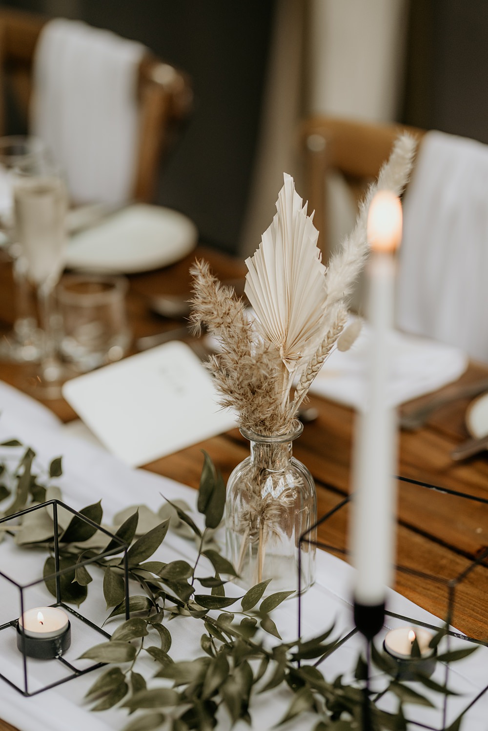 Cosy Romantic Wedding Hannah Shearman Photography Dried Flowers Bottle Centrepiece