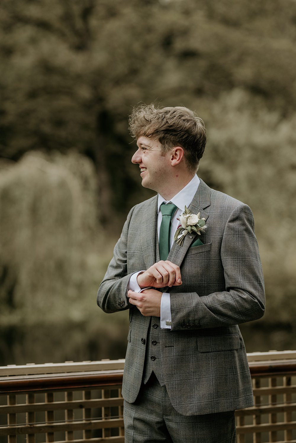 Cosy Romantic Wedding Hannah Shearman Photography Groom Check Suit Green Tie