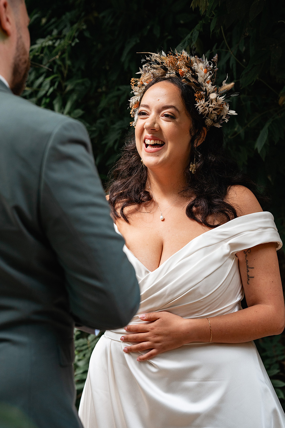 Harewood Forest Wedding Clearly Wild Photography Bride Flower Crown Dried Flowers