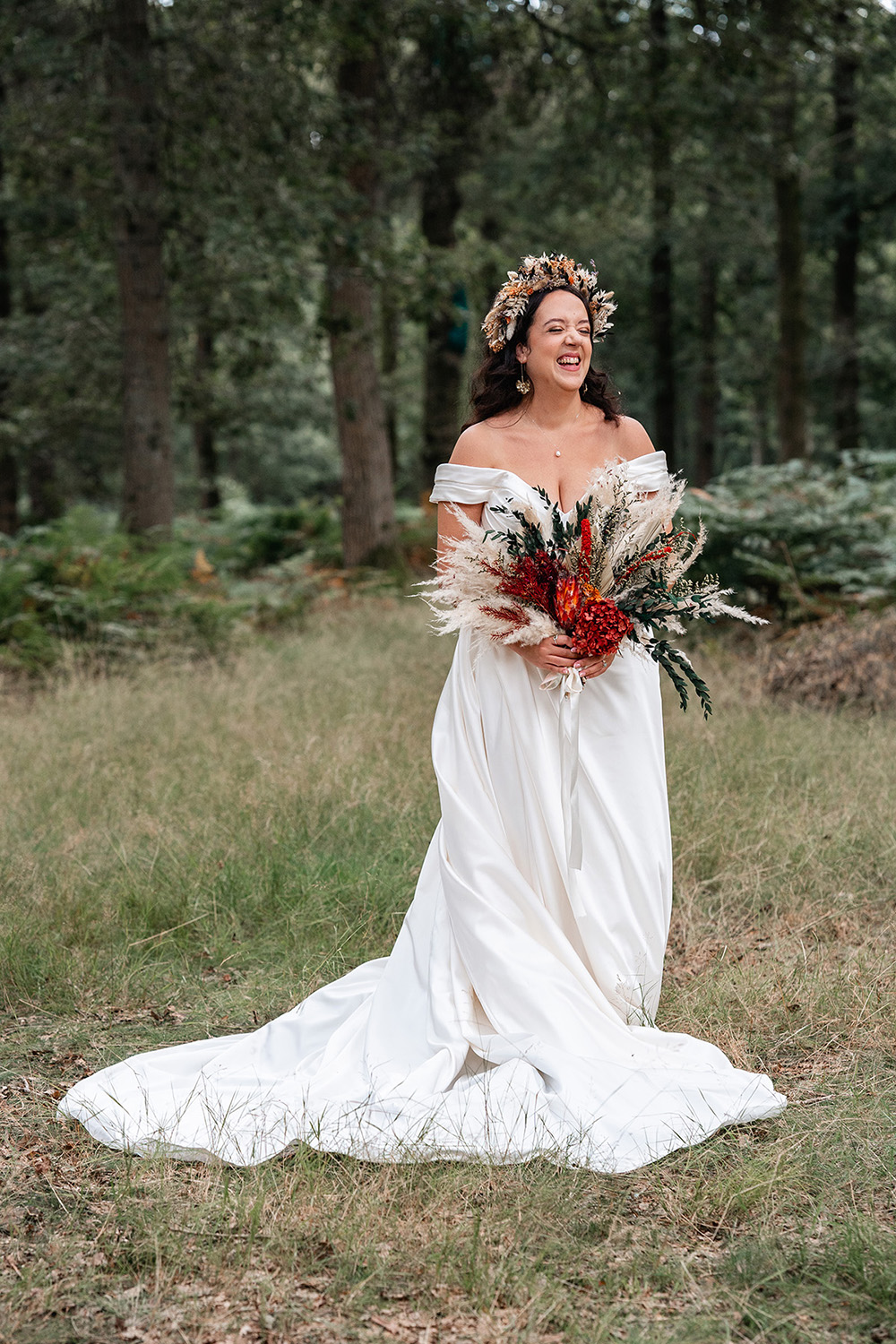 Harewood Forest Wedding Clearly Wild Photography Bride Dress Split Skirt Off Shoulder