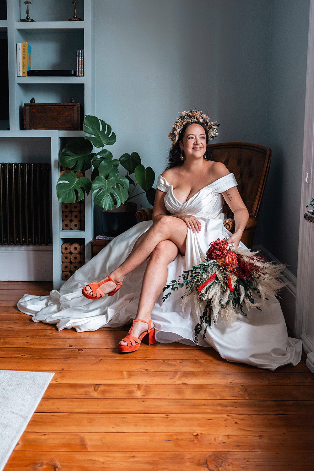 Harewood Forest Wedding Clearly Wild Photography Bride Dress Split Skirt Orange Shoes