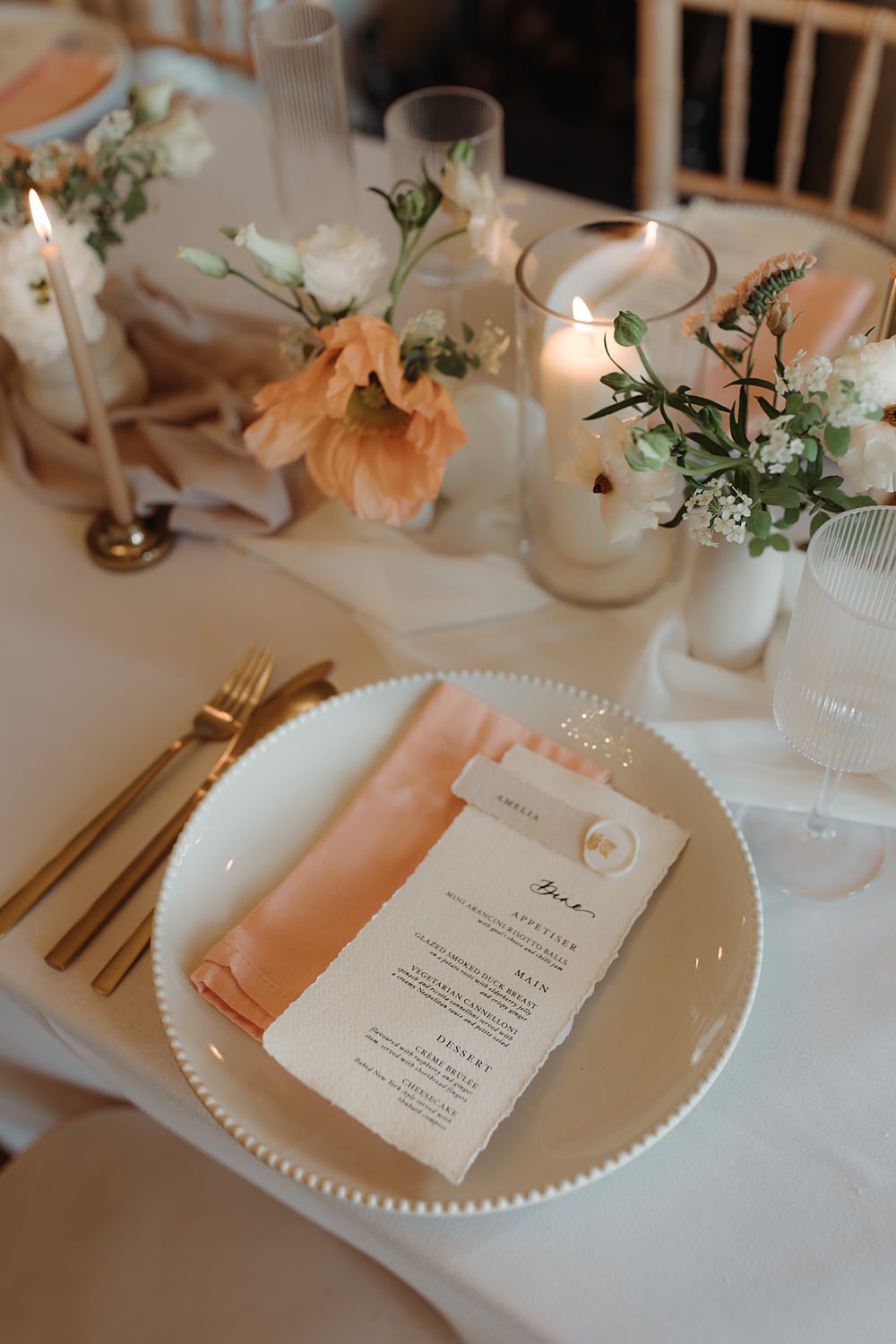 Luxury Elegant Wedding Ideas Esther Louise Triffitt Photography Place Setting Name Napkin Peach Cream