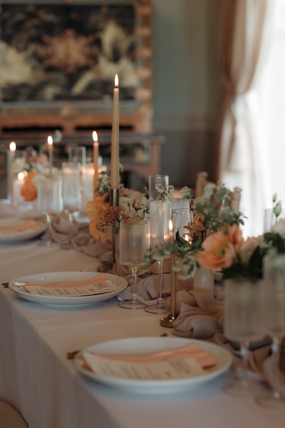 Luxury Elegant Wedding Ideas Esther Louise Triffitt Photography Table Decor Flowers Candles Peach Cream