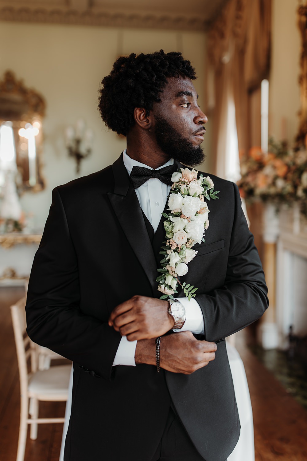 Luxury Elegant Wedding Ideas Esther Louise Triffitt Photography Groom Black Suit Bow Tie Tuxedo Lapel Flowers Buttonhole