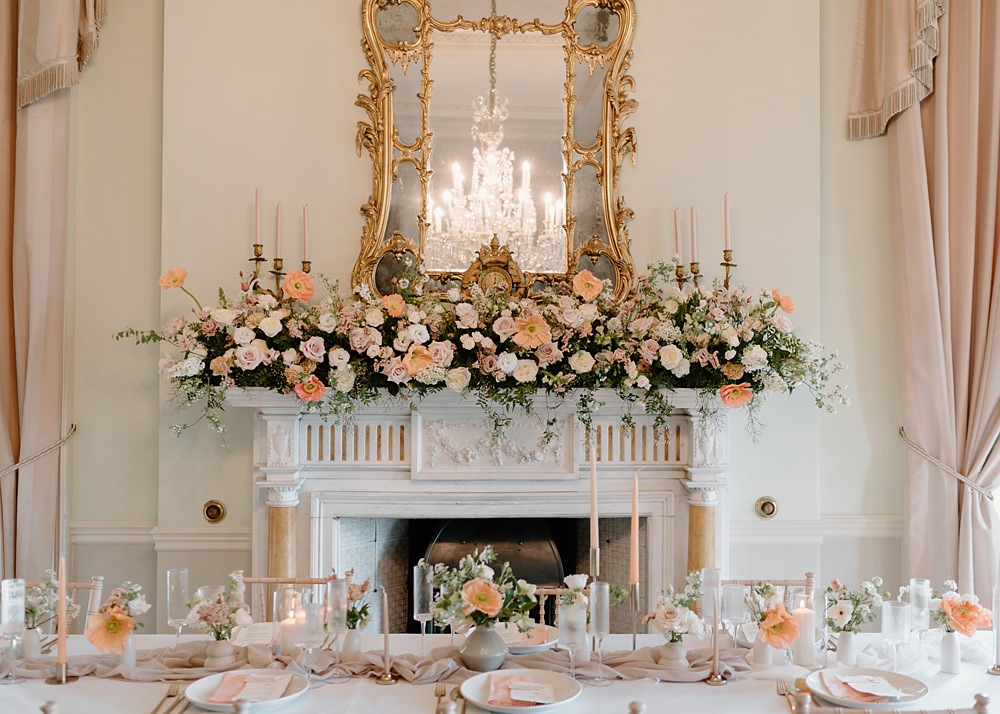 Luxury Elegant Wedding Ideas Gina Fernandes Photography Table Decor Mantle Fireplace Flowers Peach Cream