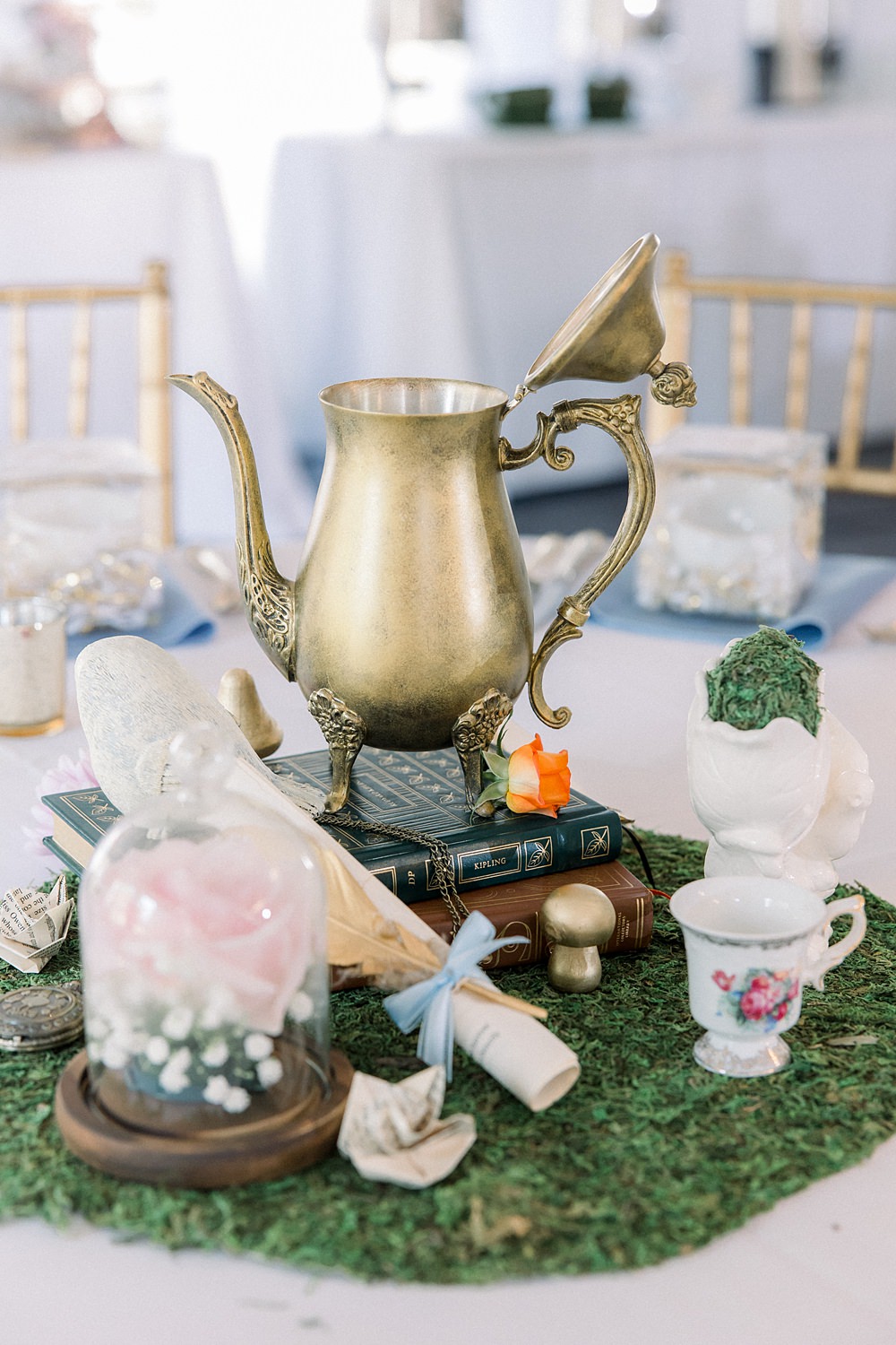 Mankin Mansion Wedding Willow Britt Studios Centrepiece Jug Books Whimsical Decor