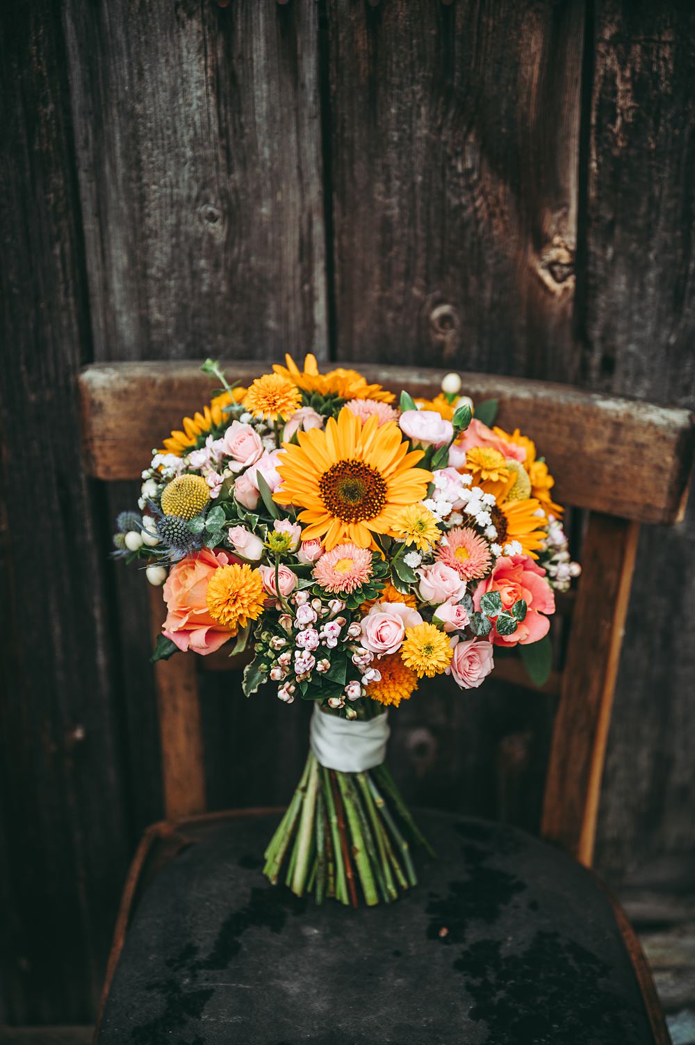 Manor House Wedding Cotswolds Cotswold Pictures Colourful Bouquet Sunflower Rose Yellow Pink