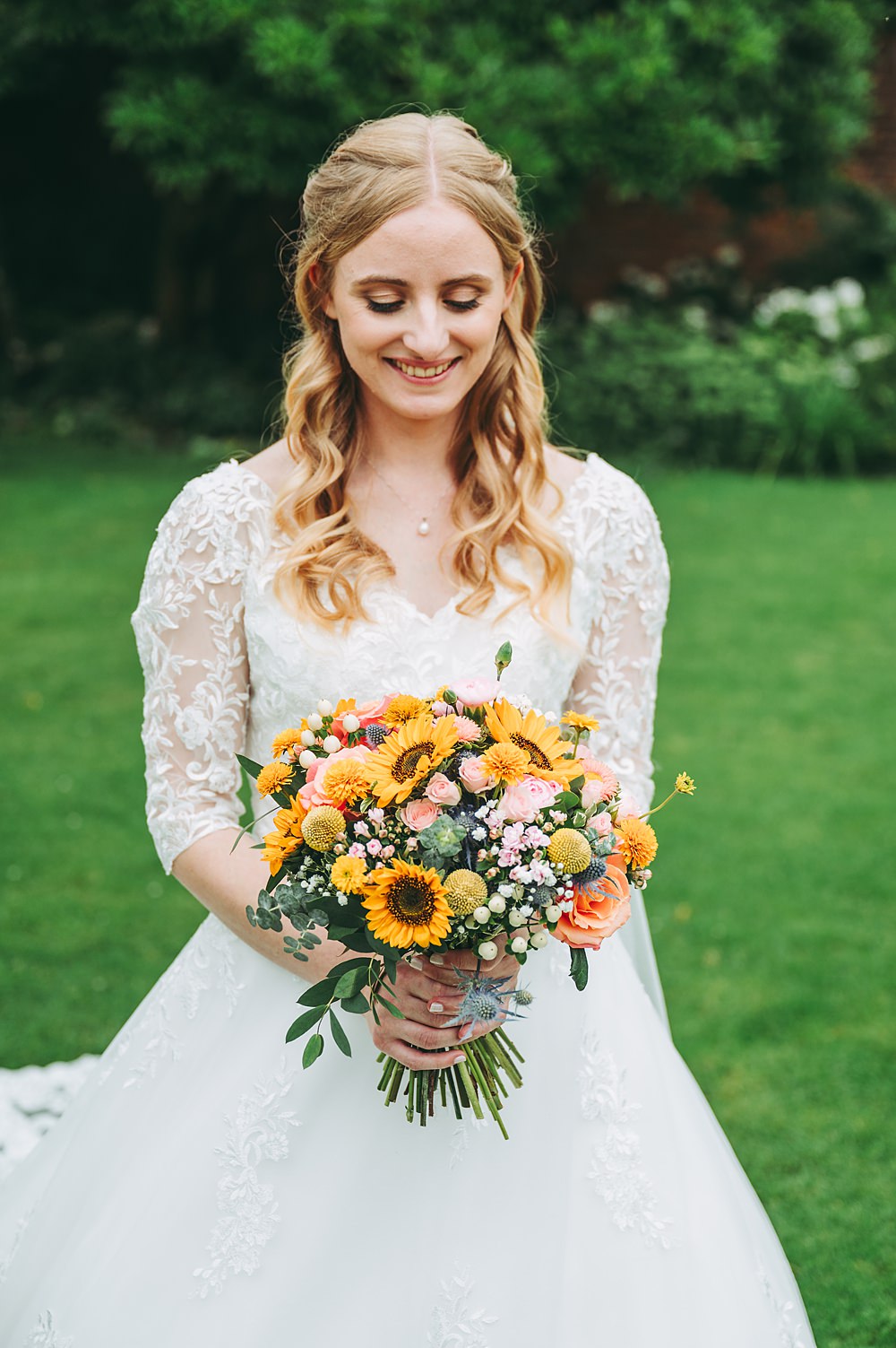 Manor House Wedding Cotswolds Cotswold Pictures Colourful Bouquet Sunflower Rose Yellow Pink