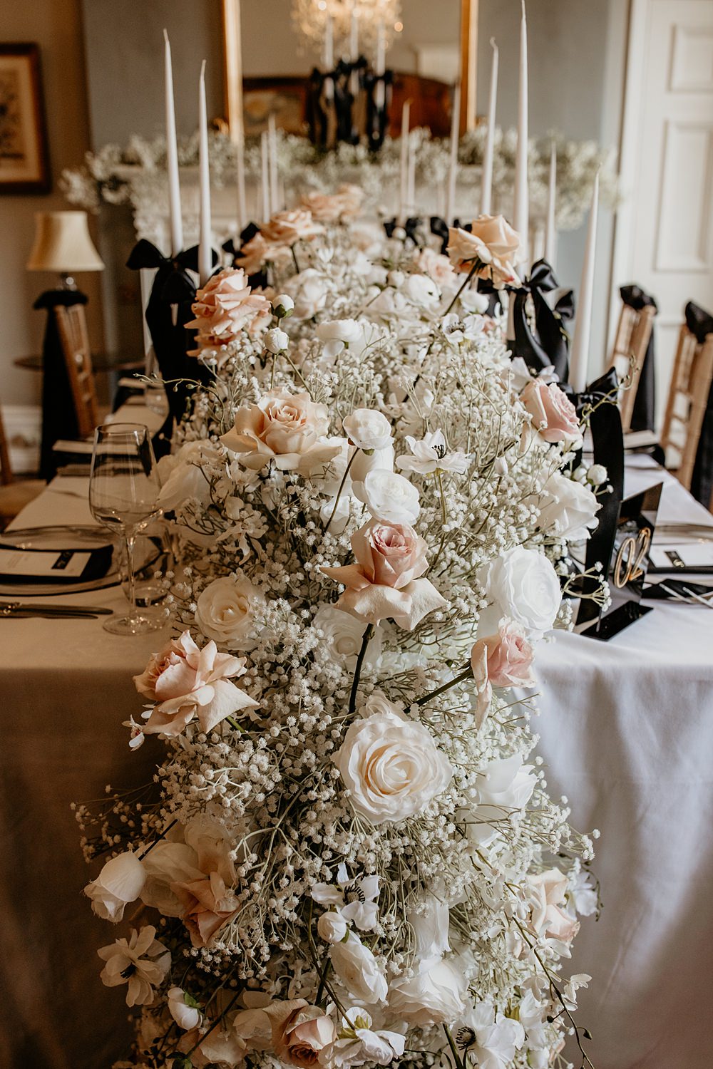 Black Bow Wedding Ideas Ginger Jam Photography Table Runner Flowers Gypsophila White Rose Candles Decor