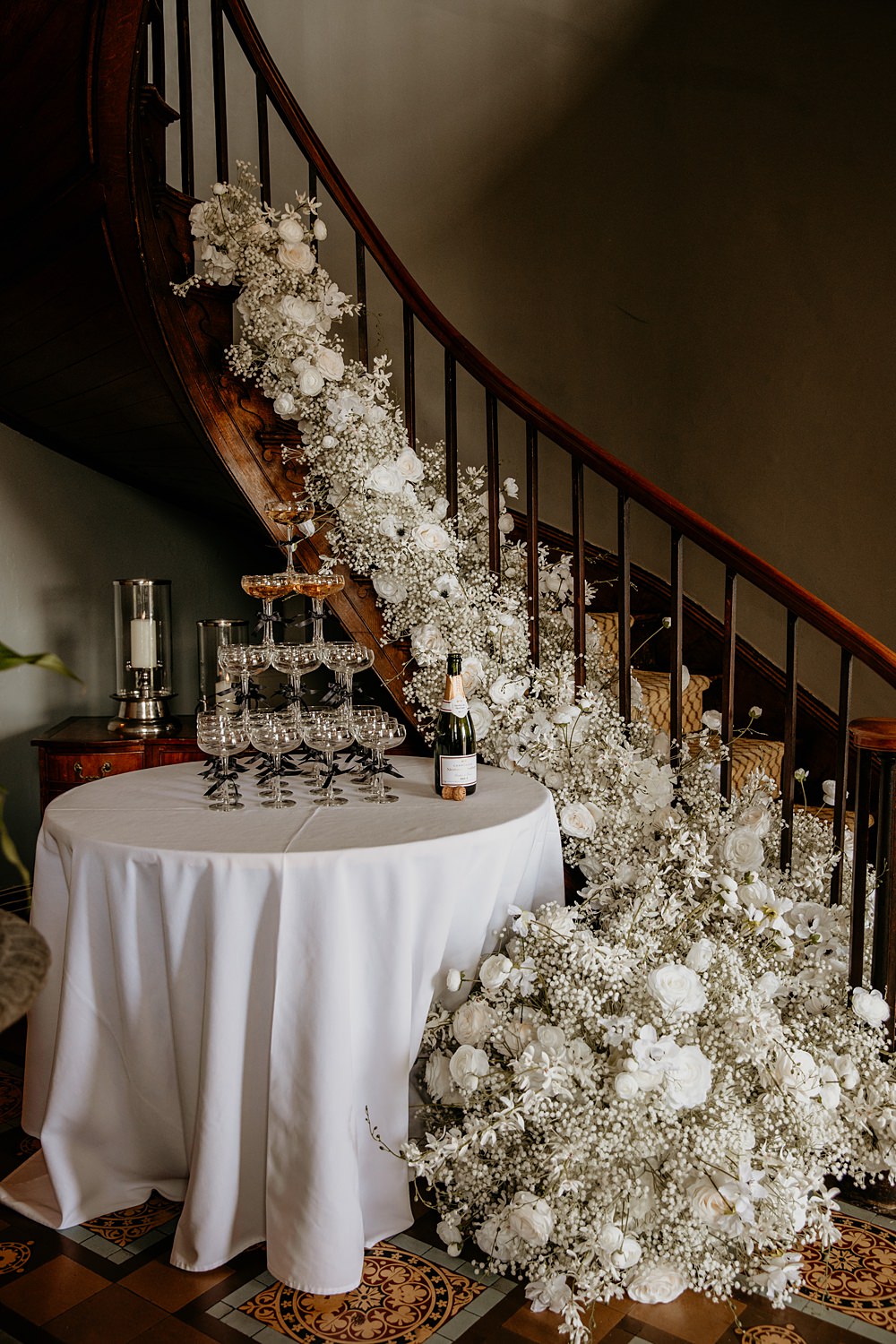 Black Bow Wedding Ideas Ginger Jam Photography Stairs Flowers Gypsophila White Rose Drinks Tower