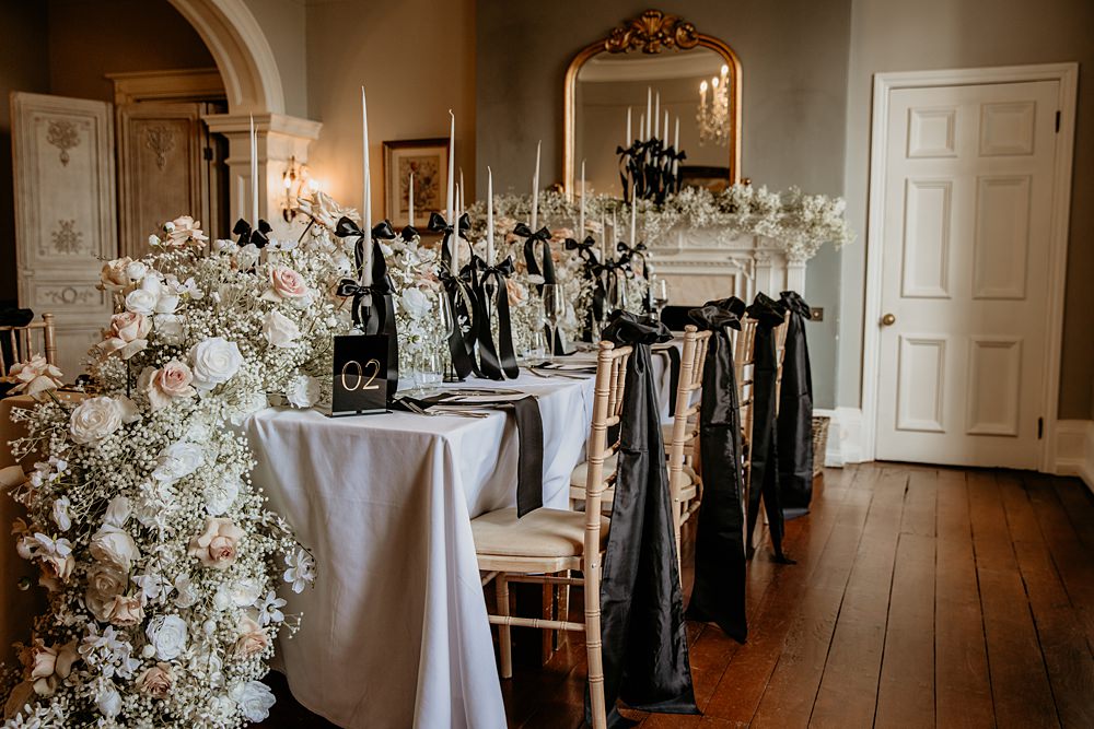 Black Bow Wedding Ideas Ginger Jam Photography Table Runner Flowers Gypsophila White Rose Candles Decor