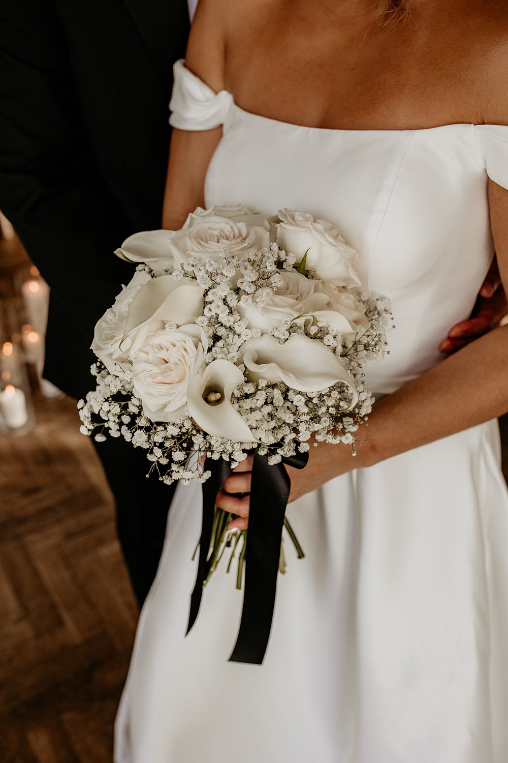 Black Bow Wedding Ideas Ginger Jam Photography White Bouquet Flowers Gypsophila Rose Lily