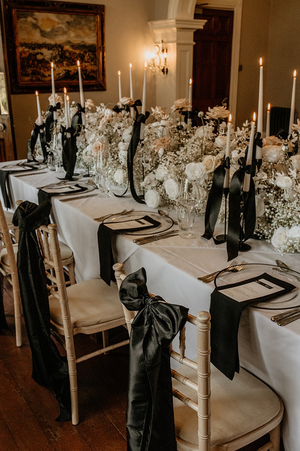 Black Bow Wedding Ideas Ginger Jam Photography Table Runner Flowers Gypsophila White Rose Candles Decor