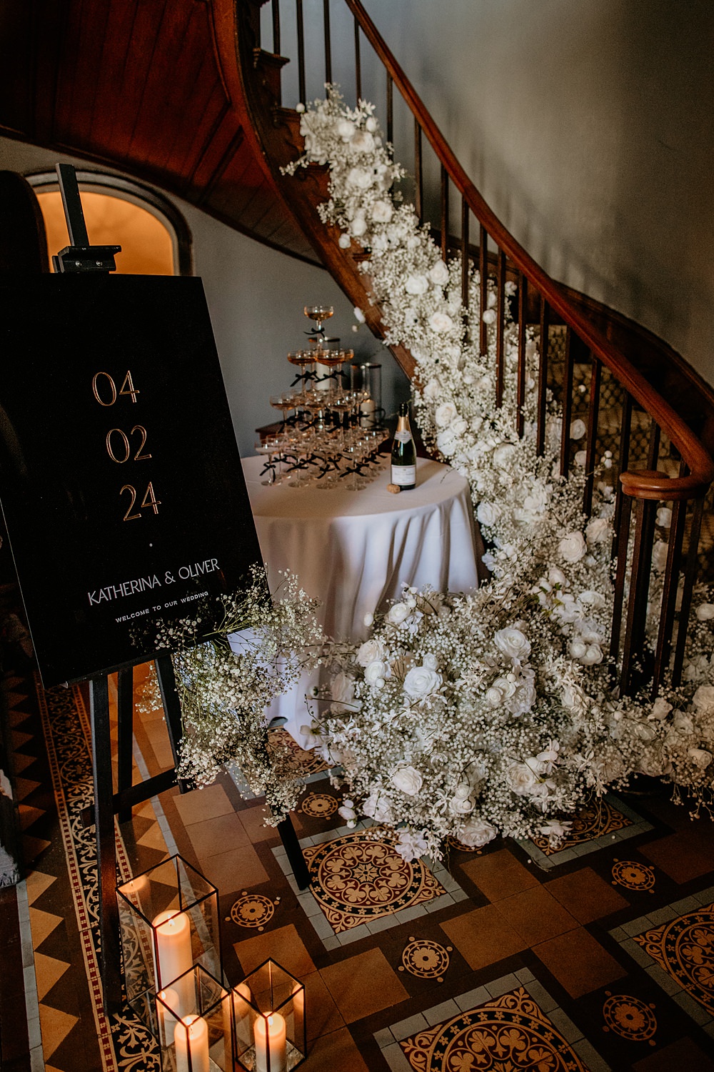 Black Bow Wedding Ideas Ginger Jam Photography Stairs Flowers Gypsophila White Rose Drinks Tower