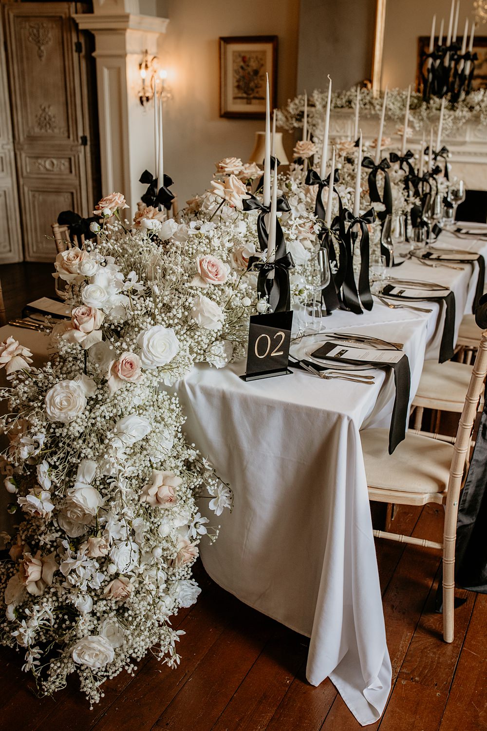 Black Bow Wedding Ideas Ginger Jam Photography Table Runner Flowers Gypsophila White Rose Candles Decor