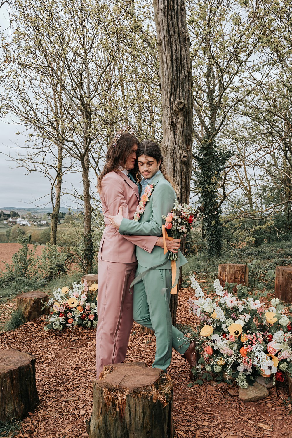 Cottagecore Wedding Ideas Melanie Barnfield Photography Pink Green Suits Grooms