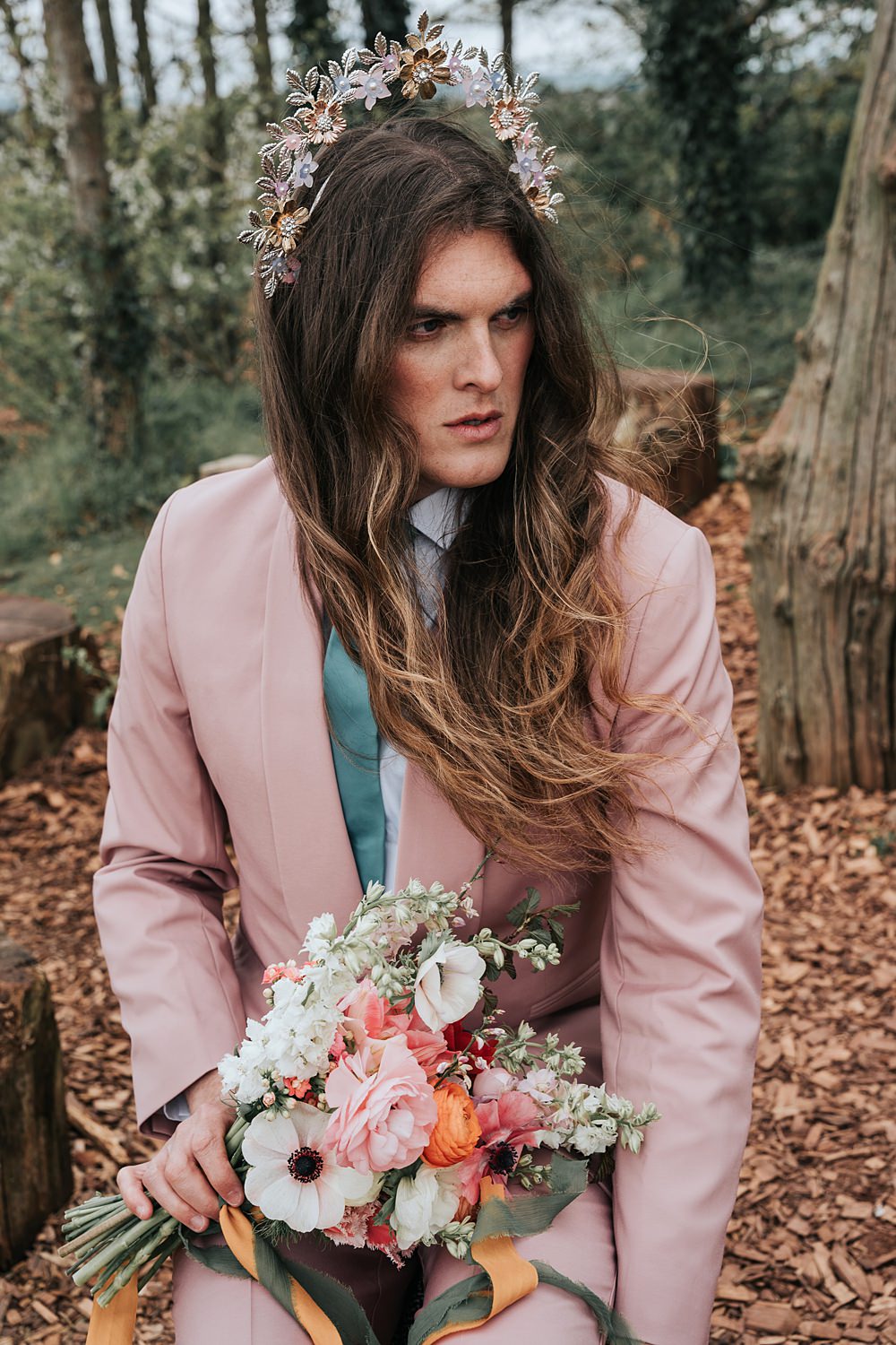 Cottagecore Wedding Ideas Melanie Barnfield Photography Pink Suit Groom Crown