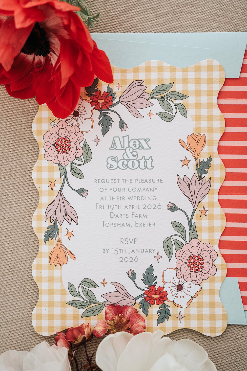 Cottagecore Wedding Ideas Melanie Barnfield Photography Floral Gingham Stationery Invites