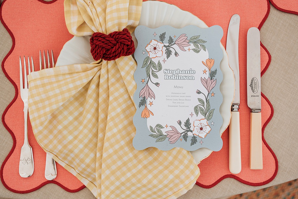 Cottagecore Wedding Ideas Melanie Barnfield Photography Gingham Napkin Place Setting Colourful Stripe