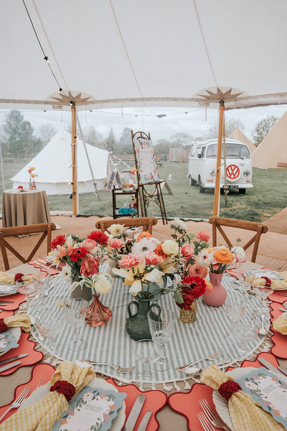 Cottagecore Wedding Ideas Melanie Barnfield Photography Centrepiece Flowers Colourful Gingham Table Cloth Decor