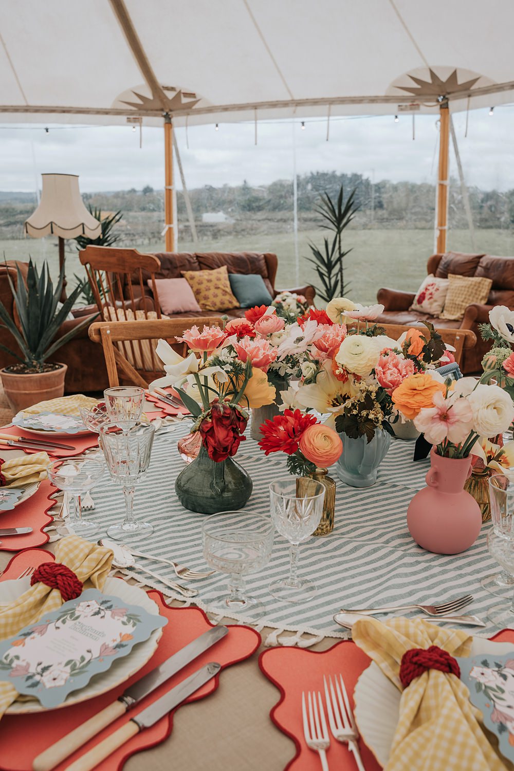 Cottagecore Wedding Ideas Melanie Barnfield Photography Centrepiece Flowers Colourful Gingham Table Cloth Decor
