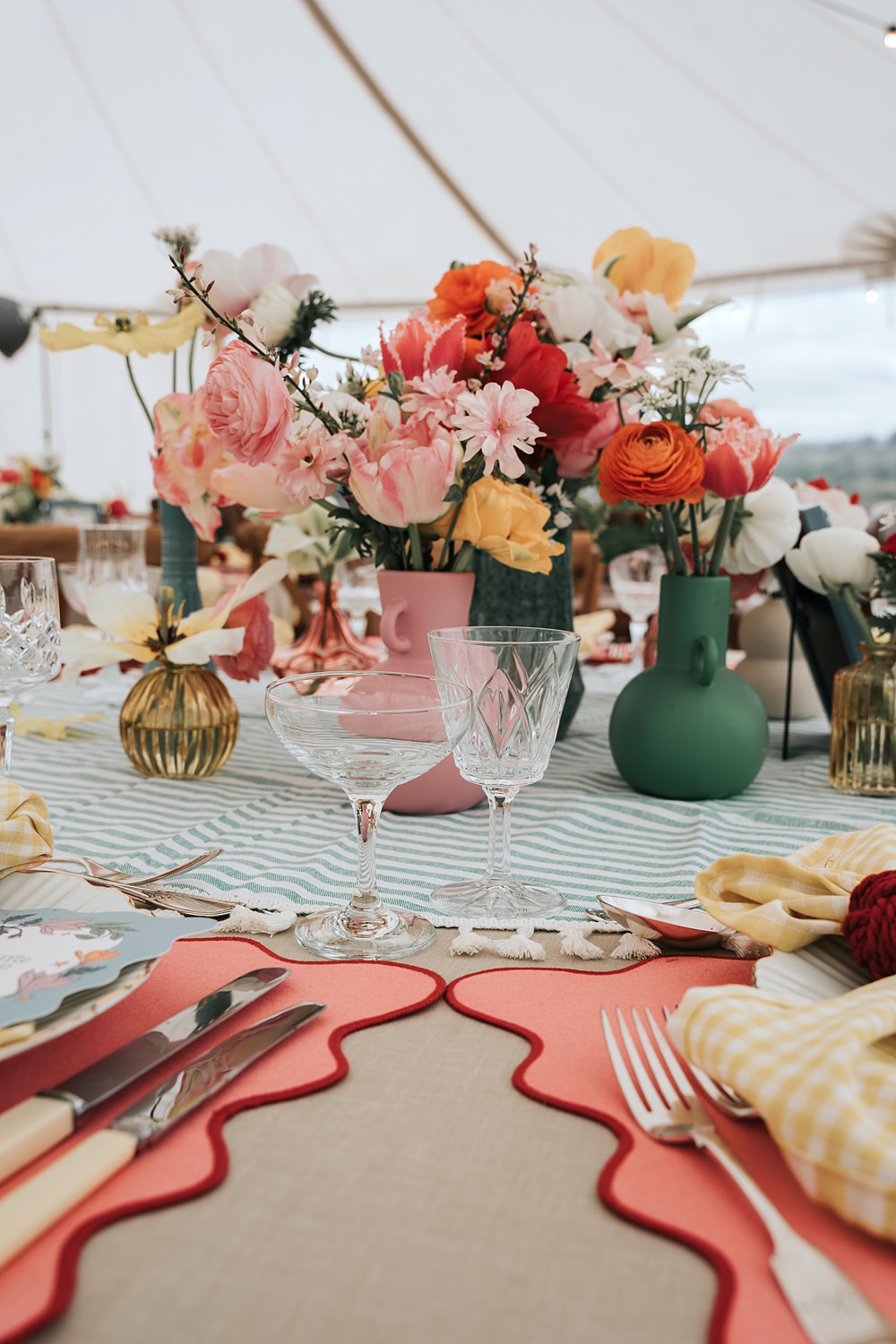 Cottagecore Wedding Ideas Melanie Barnfield Photography Centrepiece Flowers Colourful Gingham Table Cloth Decor
