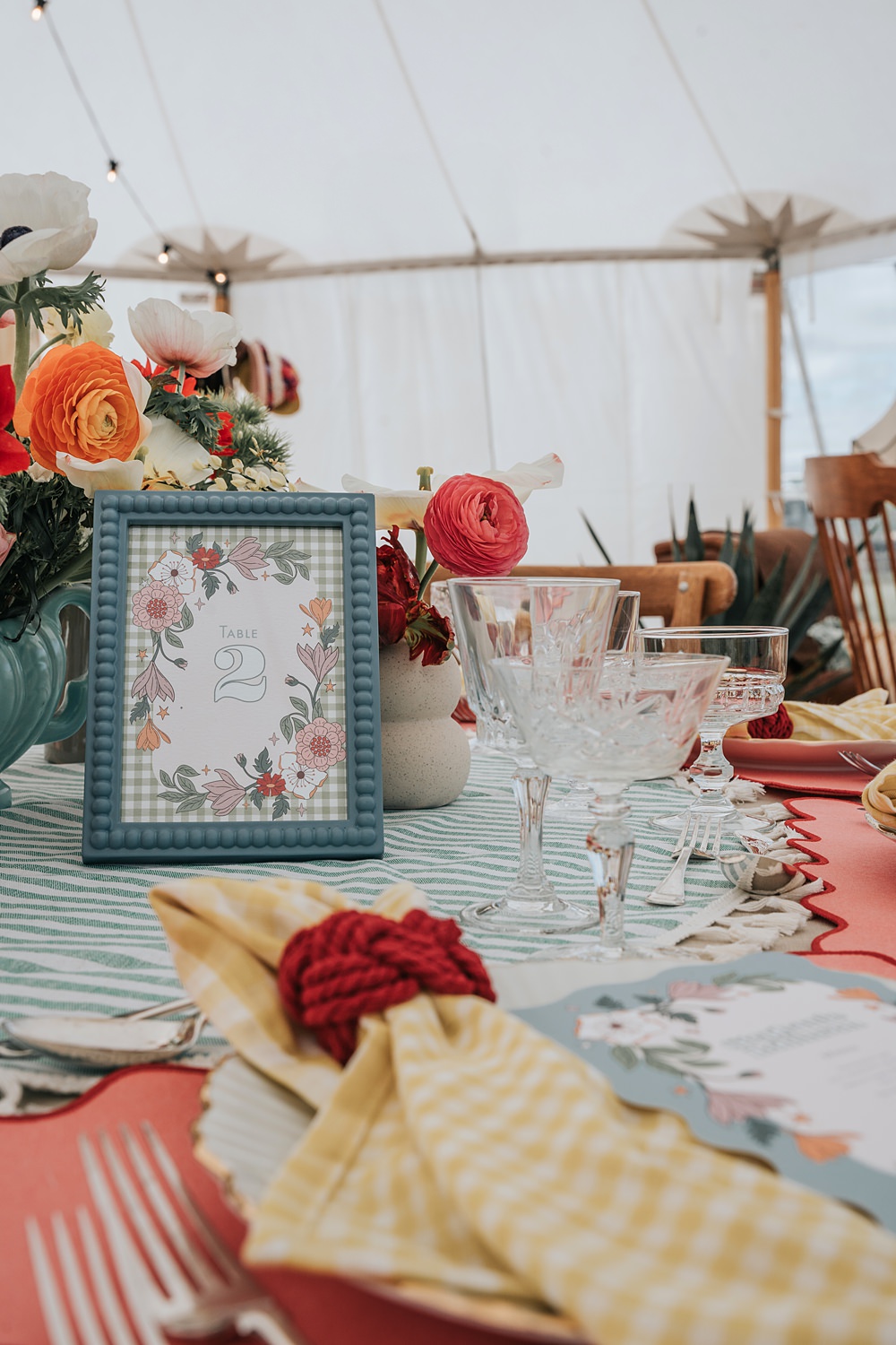Cottagecore Wedding Ideas Melanie Barnfield Photography Centrepiece Flowers Colourful Gingham Table Cloth Decor