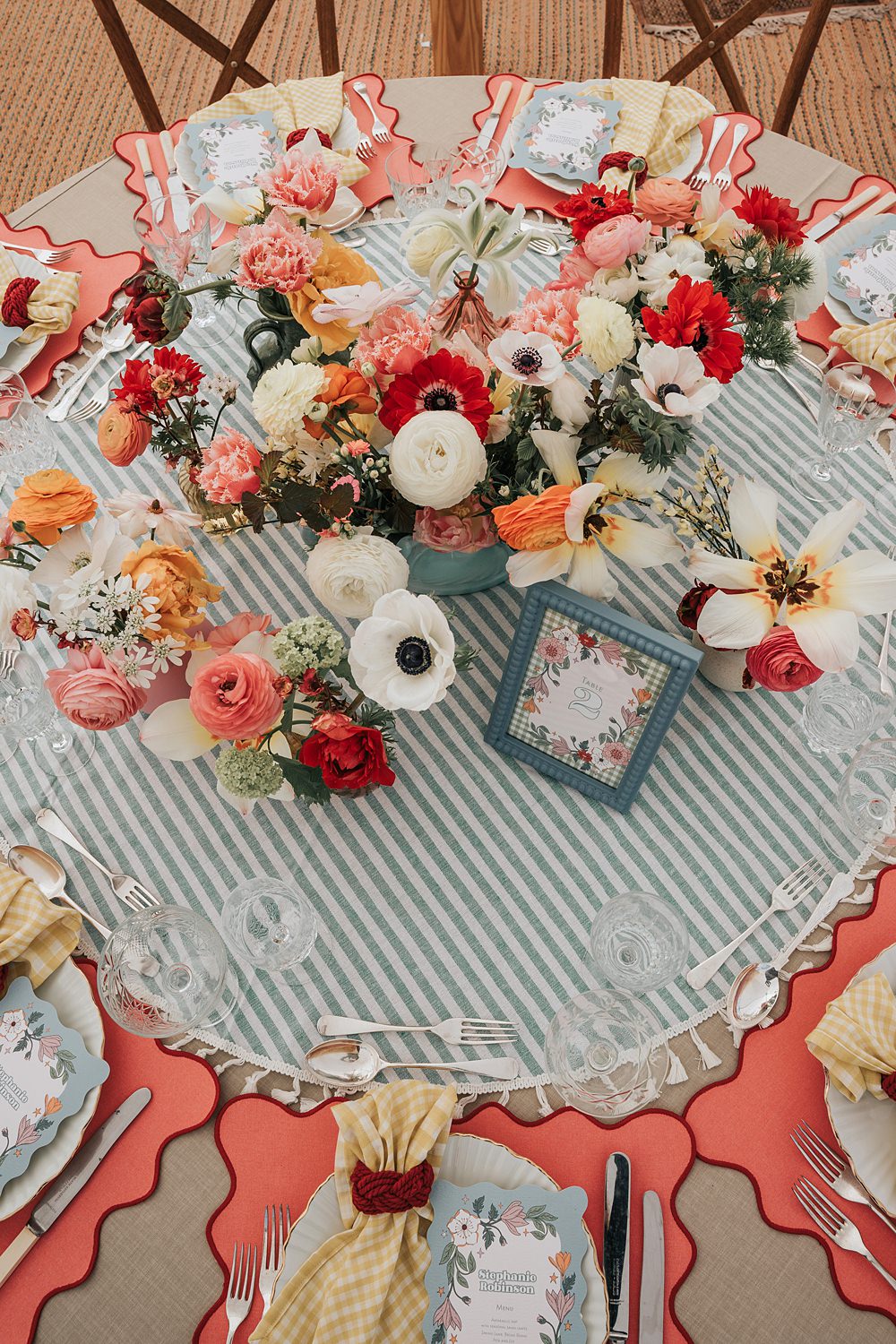 Cottagecore Wedding Ideas Melanie Barnfield Photography Centrepiece Flowers Colourful Gingham Table Cloth Decor