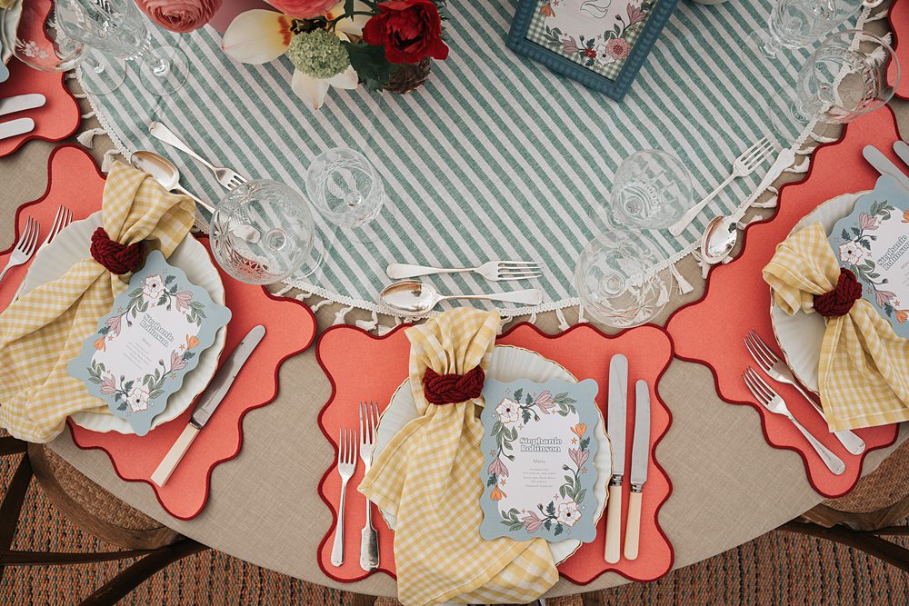 Cottagecore Wedding Ideas Melanie Barnfield Photography Gingham Napkin Place Setting Colourful Stripe