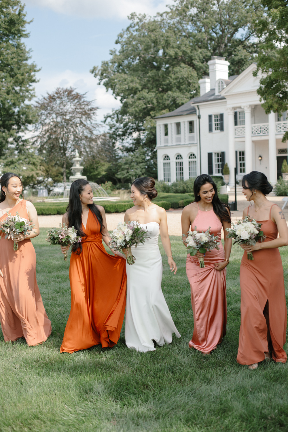 Keswick Vineyards Wedding The Smiths Photography Mismatched Bridesmaid Dresses Rust Orange Long