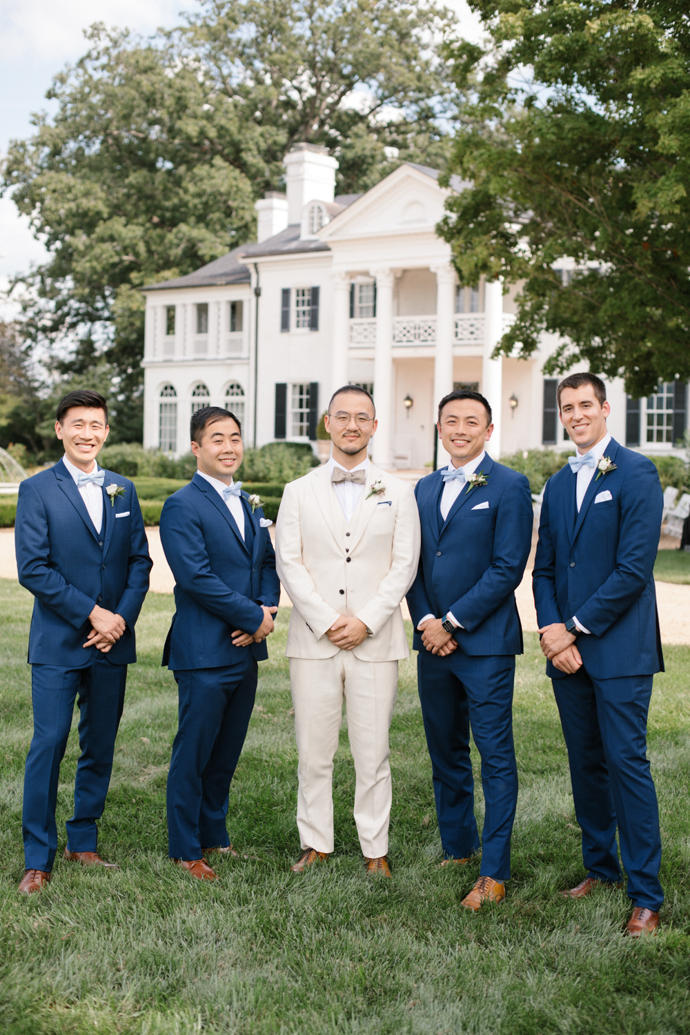 Keswick Vineyards Wedding The Smiths Photography Cream Suit Groom Navy Groomsmen Suits Bow Ties