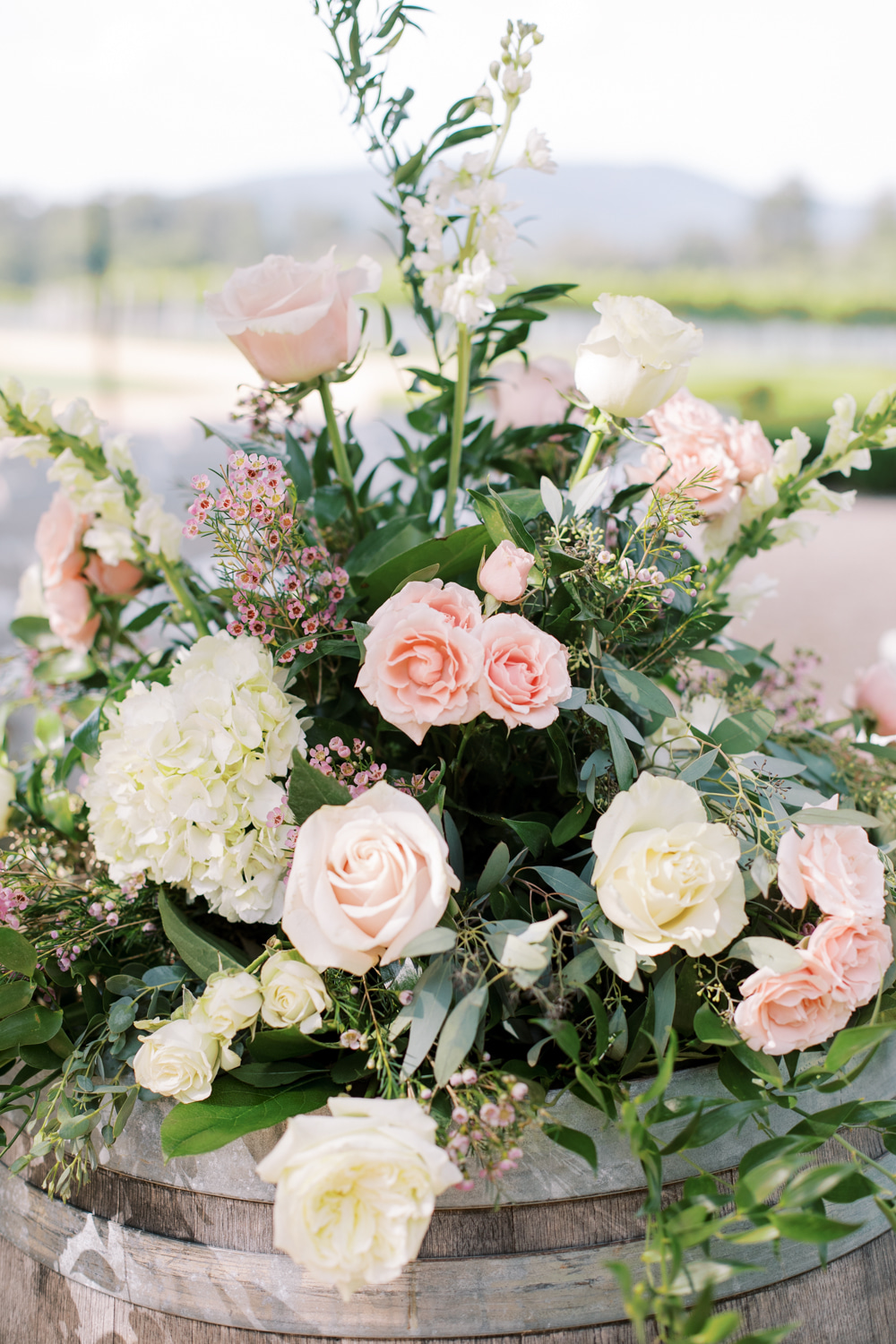 Keswick Vineyards Wedding The Smiths Photography Pink Cream Barrel Flowers