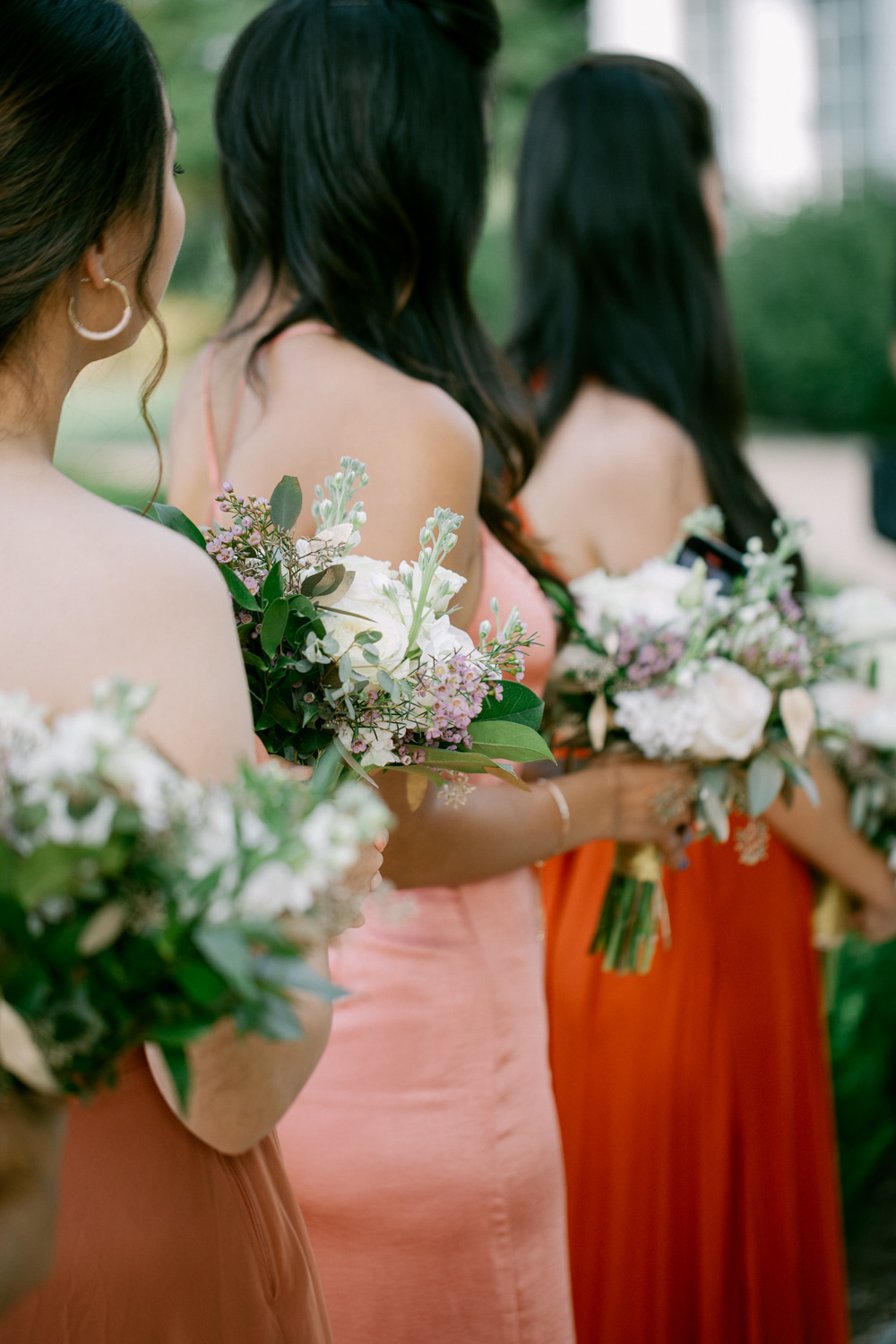 Keswick Vineyards Wedding The Smiths Photography Mismatched Bridesmaid Dresses Rust Orange Long White Flower Bouquets Greenery