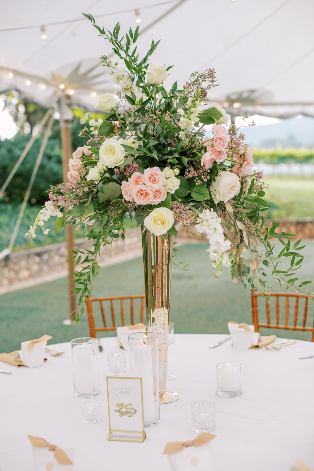 Keswick Vineyards Wedding The Smiths Photography Table Centrepiece Decor Pink Cream Tall Flowers Round Table