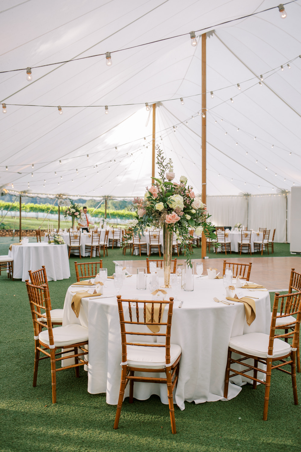 Keswick Vineyards Wedding The Smiths Photography Centrepiece Decor Pink Cream Tall Flowers Round Table Pole Tent Marquee