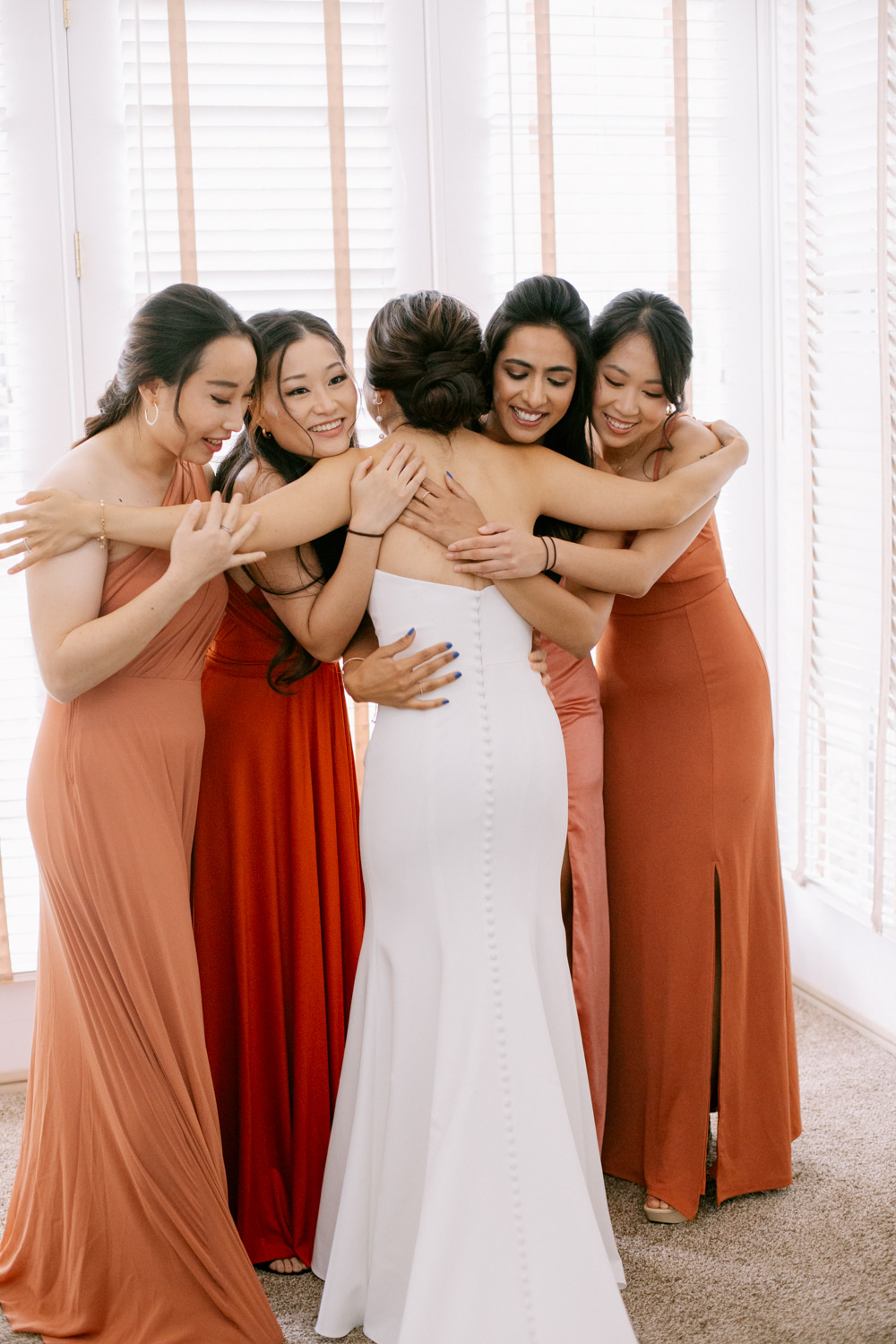 Keswick Vineyards Wedding The Smiths Photography Mismatched Bridesmaid Dresses Rust Orange Long