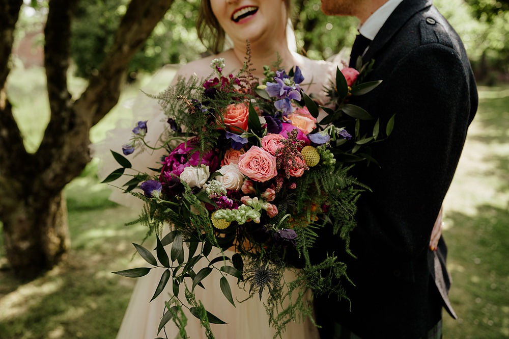 Perthshire Barn Wedding Nicola Stewart Photography Bouquet Flowers Colourful Pink Blue